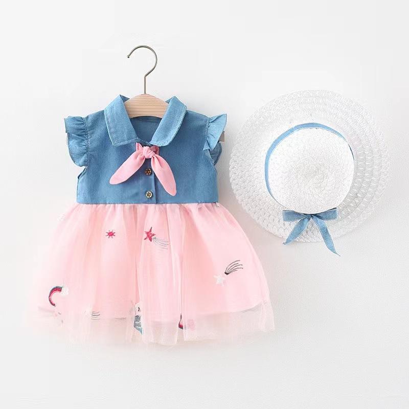 Girls Summer Denim And Tulle Spliced Princess Dress Sweet Cute Children Skirt