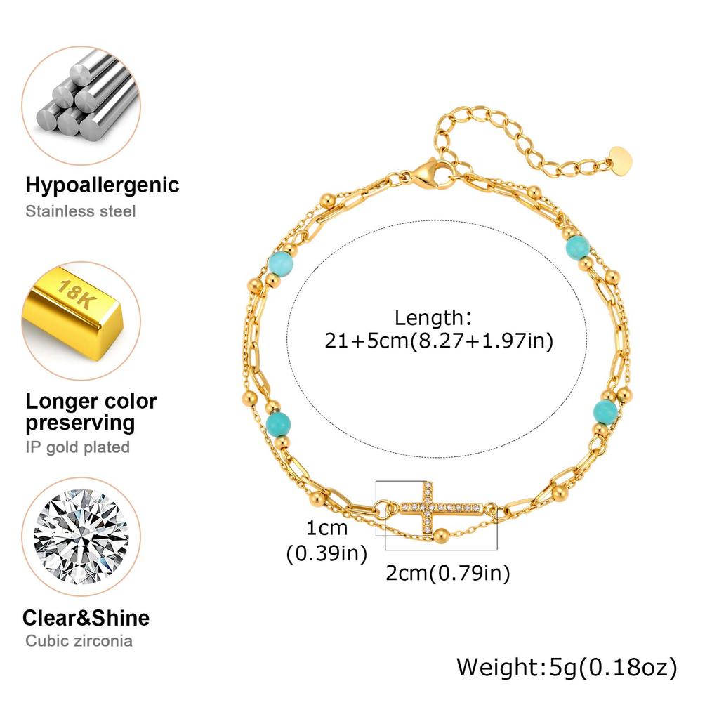 Vnox New Vintage Blue Turquoise Zircon Cross Charms Double Layered Anklet for Women, Summer Boho Vocation Foot Chain Jewelry