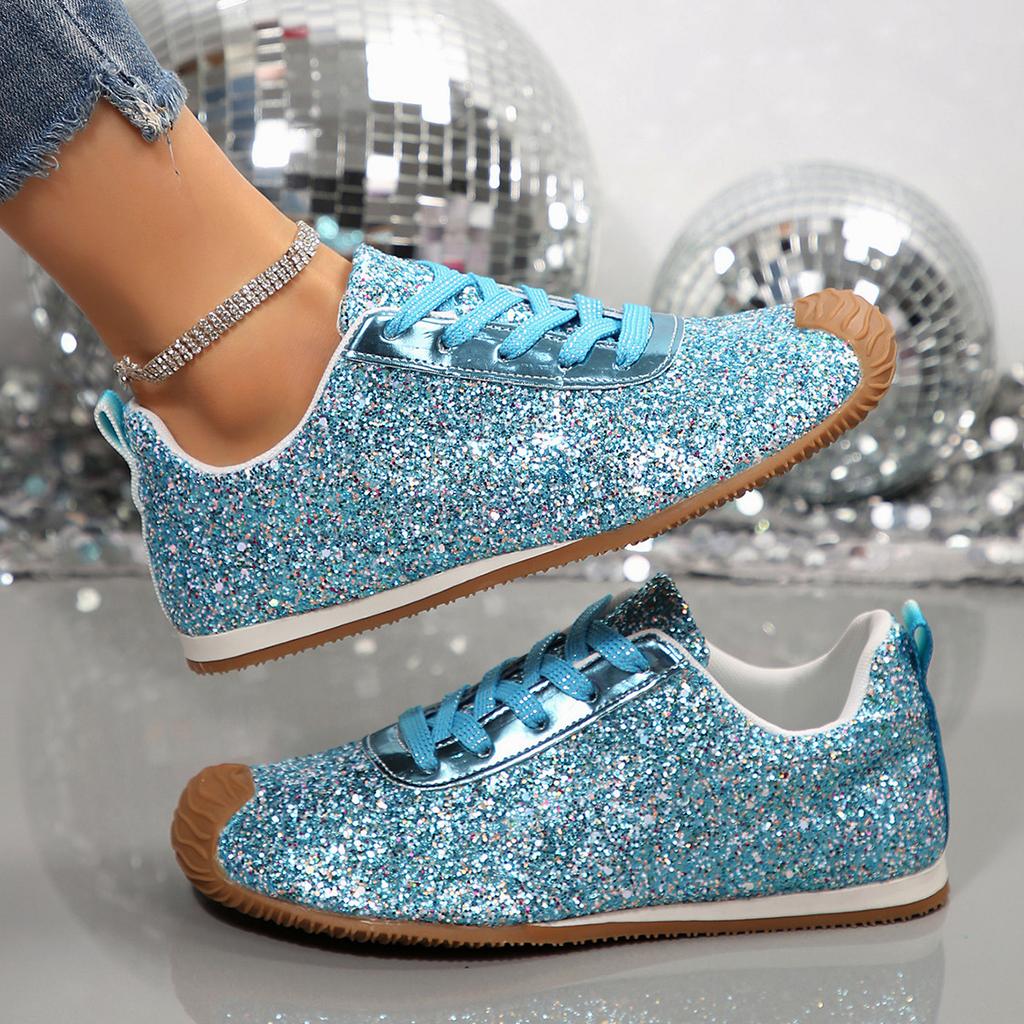 Large size flat-bottomed casual sports shoes women's new European and American sequined lace-up shoes