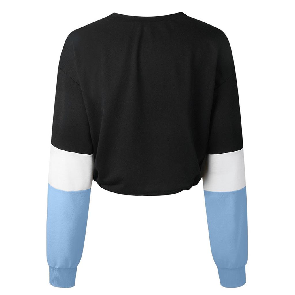Women's Fashion O- Neck Contrast Long Sleeve Top Corded Cool Sweater
