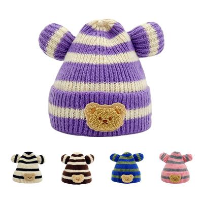 New Striped Children's Knitted Hat Winter Warm Bear Wool Hat Cute Wool Baby Warm Hat