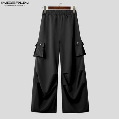 Men Elastic Waist Pants Casual Ruffled Long Straight Trousers with Pockets