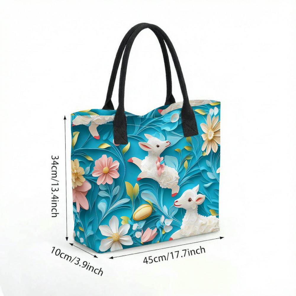 Cute Lamb Floral Printed Tote Bag Fashion Casual Large Capacity Canvas Handbag for Women Daily Use