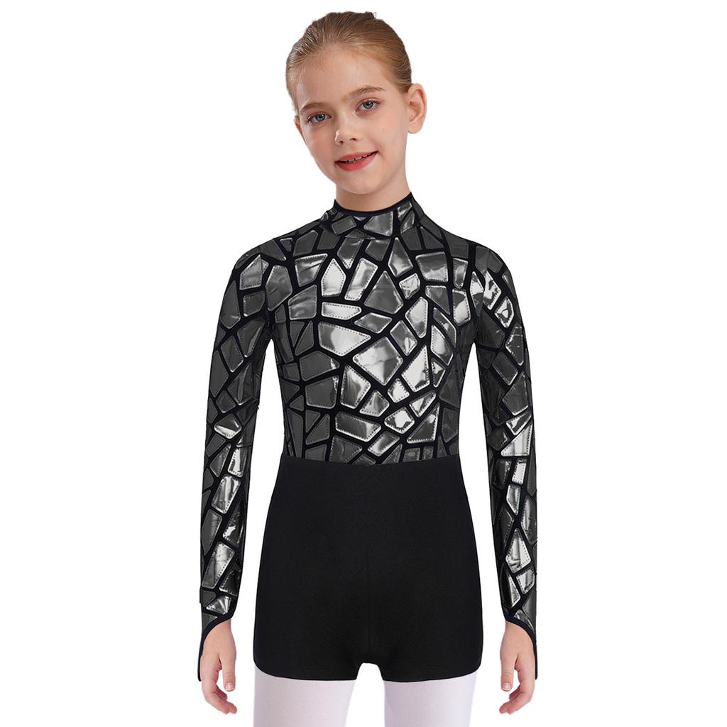 Sparkling Metallic Sequin Jumpsuit for Girls: Mock Neck Long Sleeve Keyhole Back Bodysuit for Gymnastics & Dance Shows
