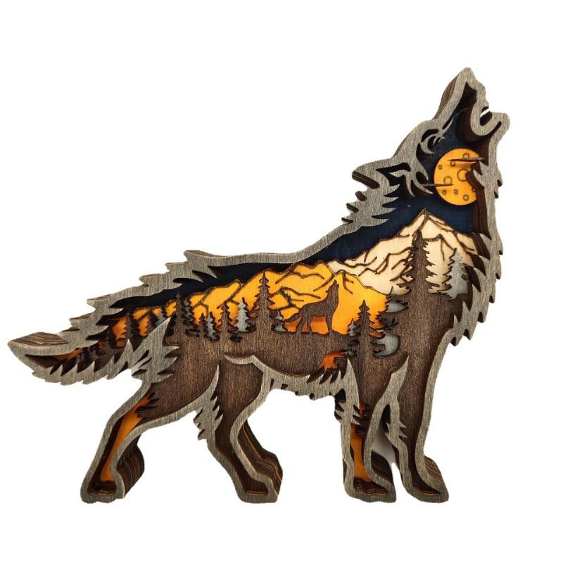 1Pc Christmas Decoration Wooden Hollow Animal Carving Handcraft Wall Hanging Sculpture 3D Wolf Art Decor New Year Ornament