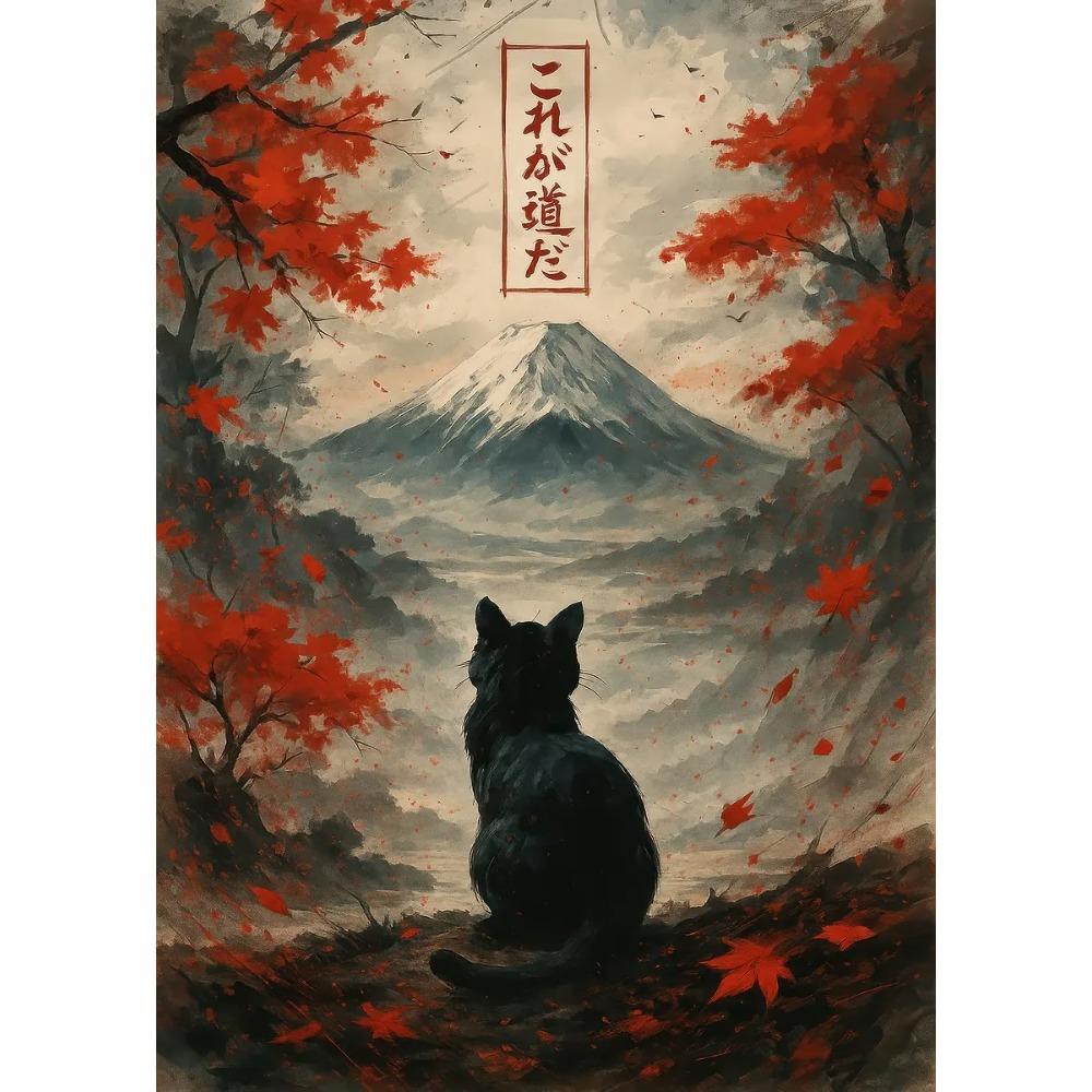 Black Cat Reading in Cozy Bed Orange Cat Cherry Blossom Lotus Landscape Canvas Painting Print Wall Art Picture Room Home Decor