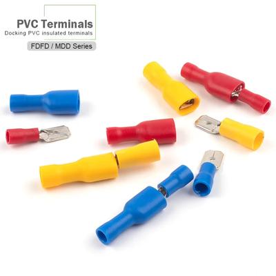 50PCS 25Set Weiblich Männlich PVC Stecker Elektrische Draht Stecker 6,3mm Isolierte Crimp Terminal Spaten Blau Gelb rot FDFD MDD2