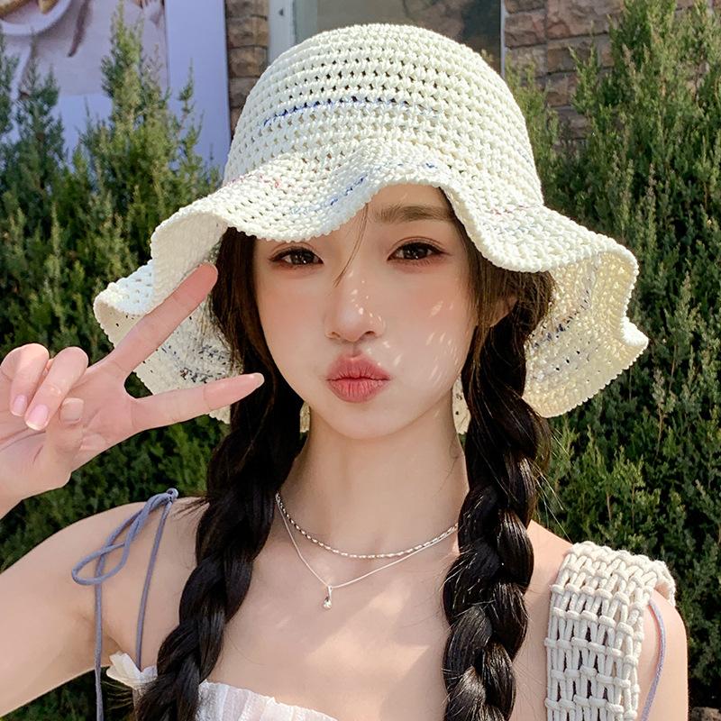 

Summer new hat women s sunshade sunscreen hat sun hat knitted wavy edge bucket hat small fresh bucket hat average size