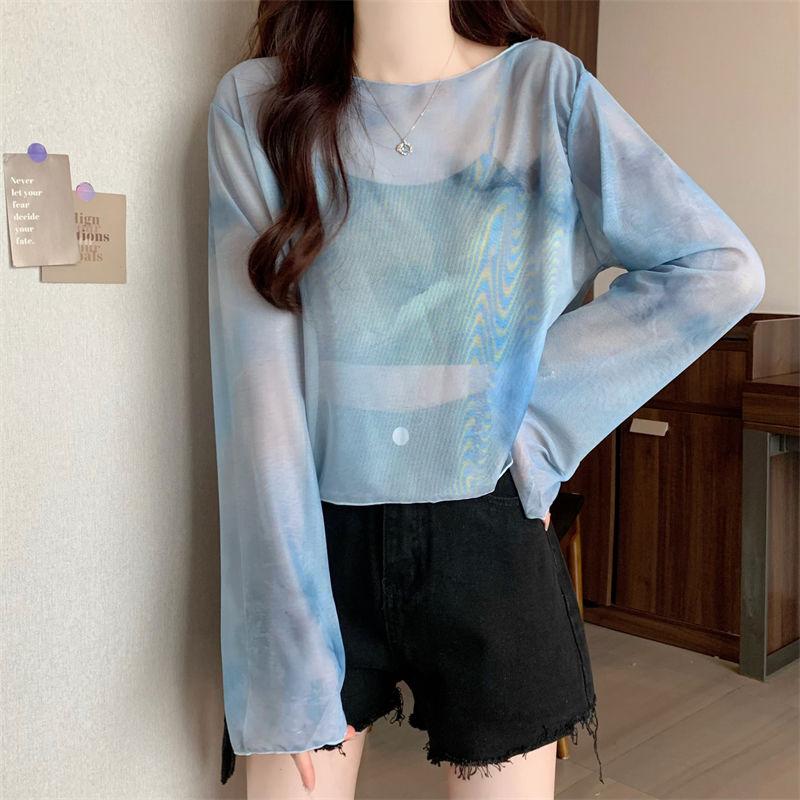 Sommer Gradient Batik Sonnenschutz T-Shirt Überwurf Reiner Wunsch Stil Durchsichtig Kurz Vielseitiges Oberteil
