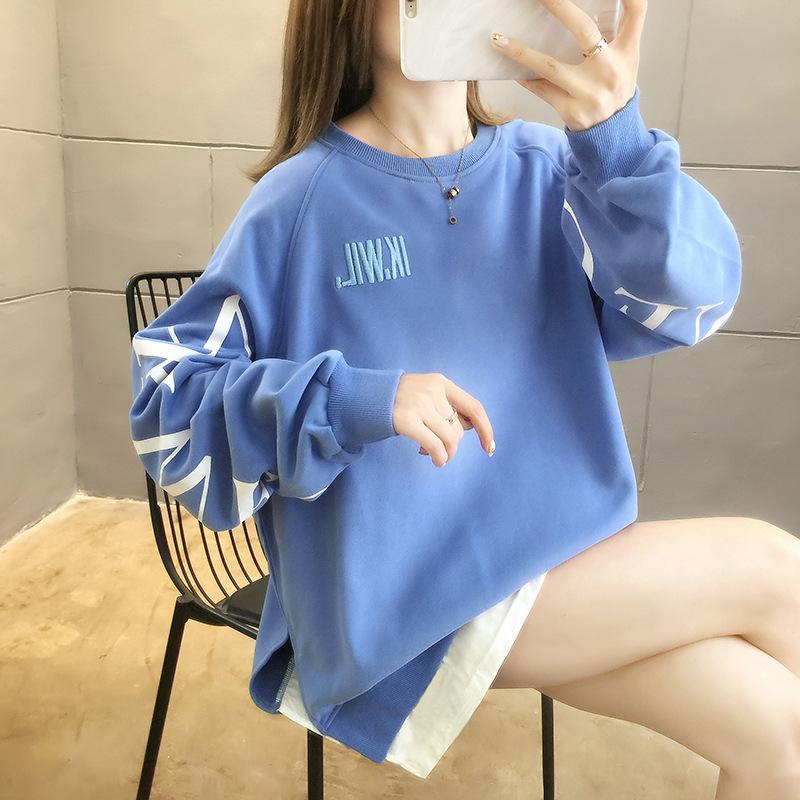 Long Sleeve Women's T-shirts Clothes Tops Fake Two Autumn Midi Fashion Korean Aesthetic Graphic Loose Casual Hoodie Pulovers