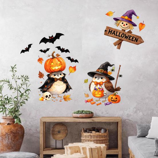 Removable Holiday Wall Art Cartoon Halloween Sticker, Self Adhesive PVC Decal, Wizard Pumpkin Bat Decals Birds Scarecrows Jack-o-lanterns Pattern