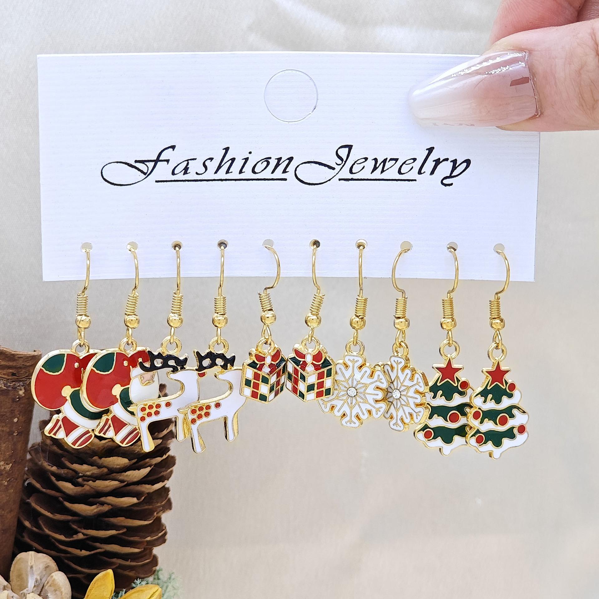 

5Pairs/Set New Trendy Christmas Earrings Cute Santa Claus Snowman Elk Christmas Tree Earrings for Women Holiday Party Jewelry