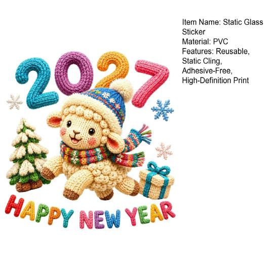 Reusable PVC Window Film Chinese New Year Stickers, 2027 Goat Static Clings, Seasonal Store Decorations Crochet Knit Lamb Decals, Decor for Home Shop