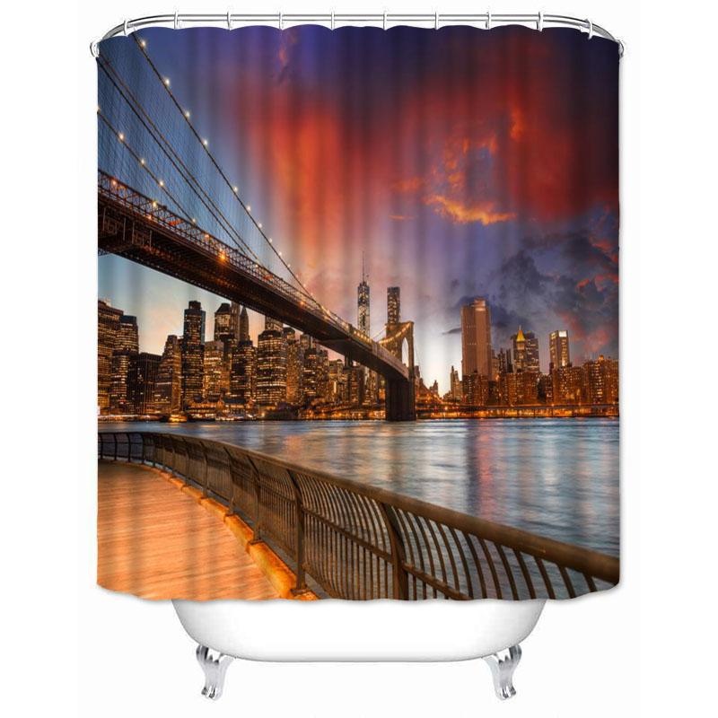 New York City Skyline Building Night View Shower Curtain Modern Bathroom Curtain Polyester Fabric Bath Curtain With Hooks
