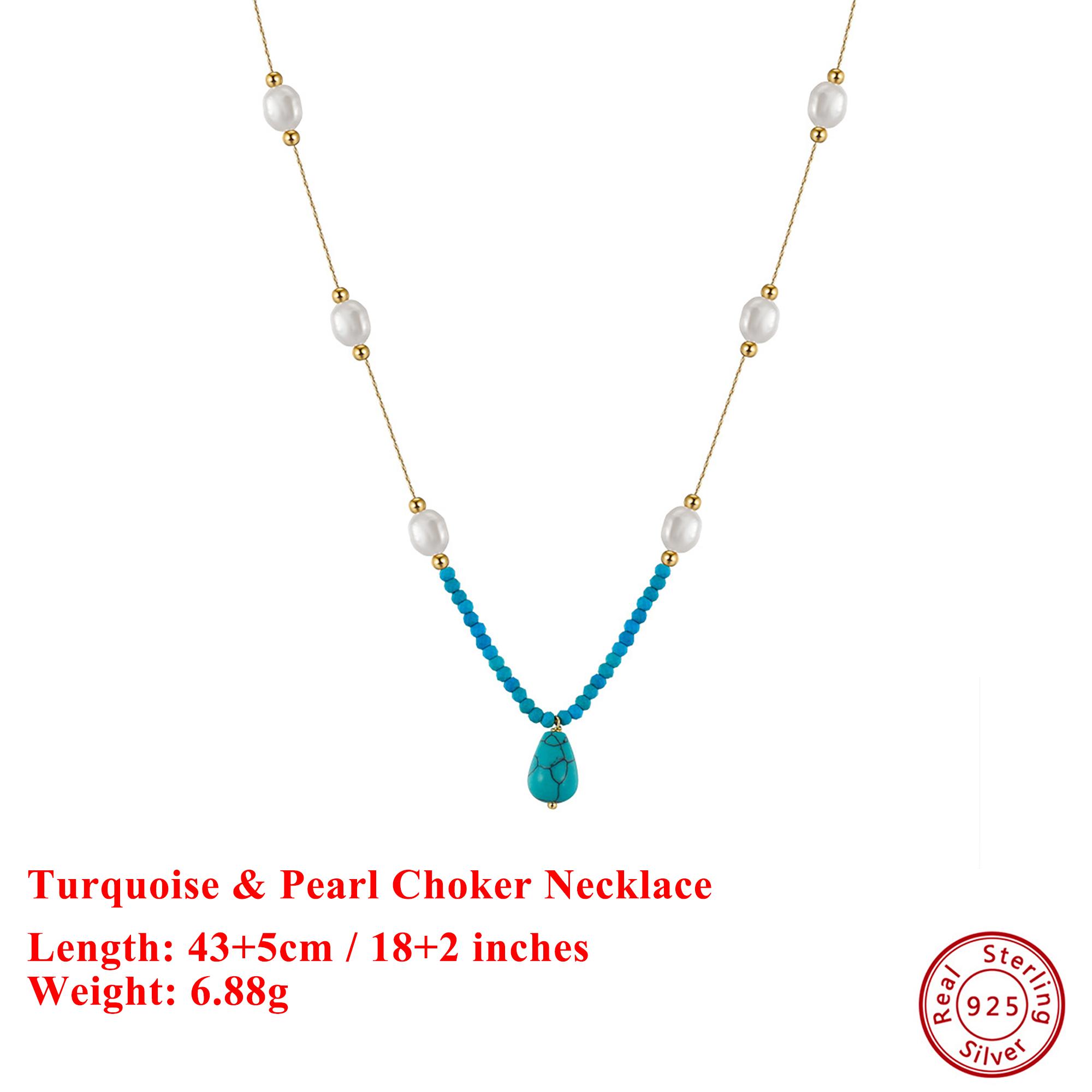 

Effie Queen S925 Silver 14k Gold Water Drop Turquoise & Pearl Chain Choker Necklace Natural Jewelry for Women Banquet Gift MPN02