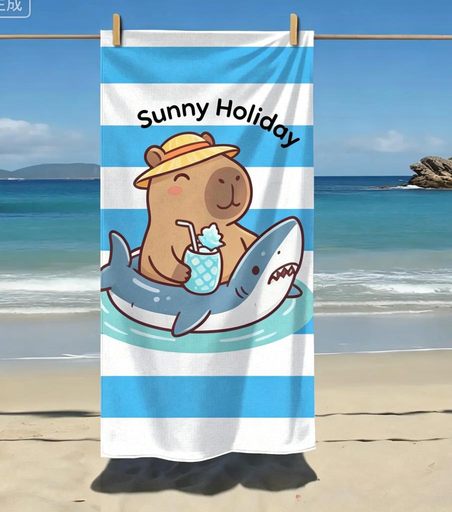 Süßer Capybara Schwimmring Ananas Getränk Strandtuch Blau gestreift Sommer Pool Party Handtuch Lustiges Capy Meme Pool Handtuch