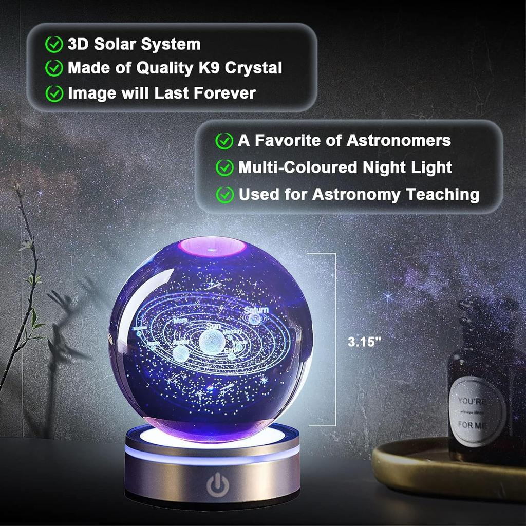 3D Solar System Crystal Ball,Crystal Ball Night Light with LED Base,Dimmable 3.15 inch Planet Model Nightlight for Home Decoration for Kids Husband