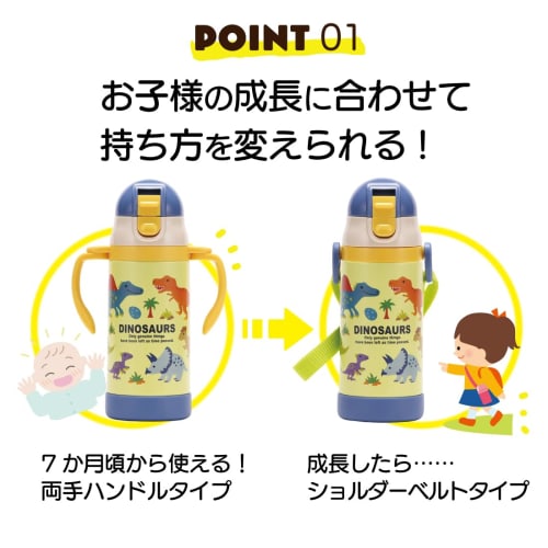 Skater Double-Handed Stainless Steel Water Bottle with Straw, Baby Mug, Dinosaur Picture Book, 350ml, STWM3N-A