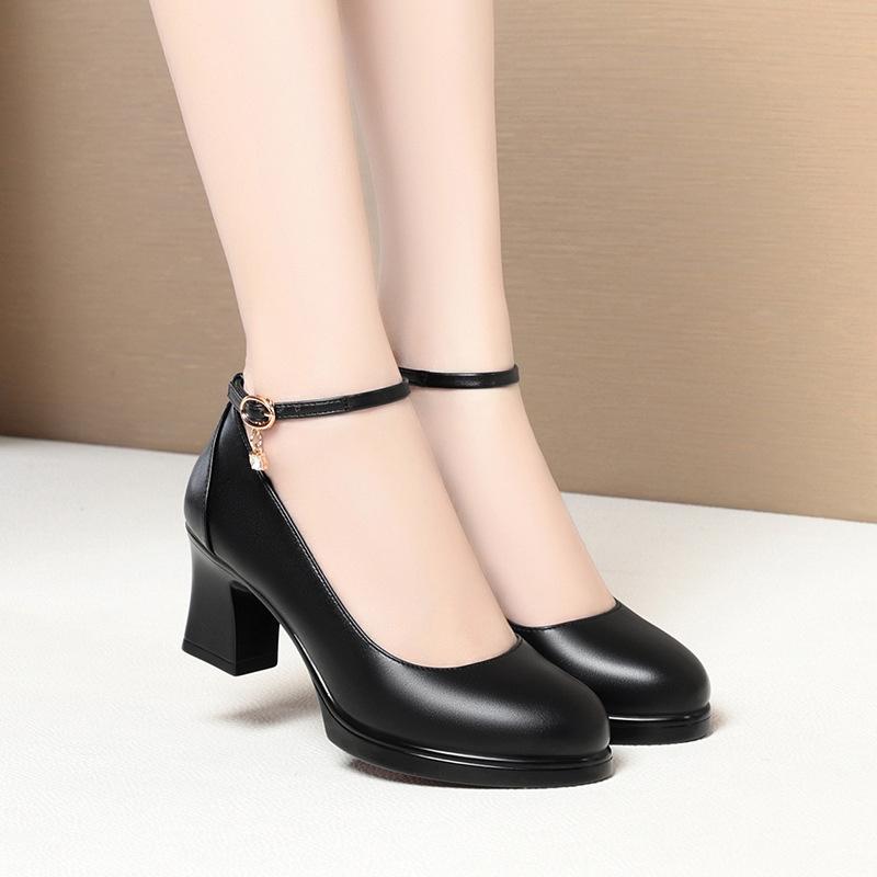 Fashion Middle-Aged And Elderly Model Catwalk Shoes High Heels One-Button Comfortable Mother Single Shoes Leather Dress Autumn Elegant