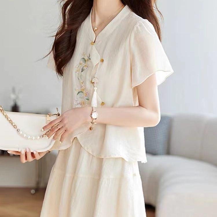 2024 Summer Women's Embroidered Chiffon Two-Piece Set: Chinese Style Shirt & Skirt