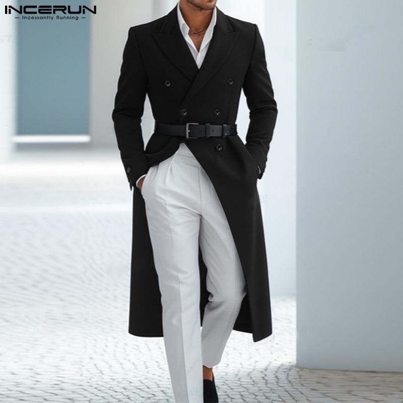 INCERUN Winter Autumn Men Double-breasted Long Sleeve Thin Woolen Long Overcoat Coats