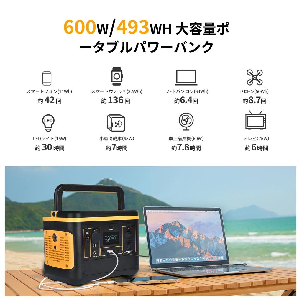 TALLPOWER Portable Power Station High LiFePO4 Pure Sine Wave Rated AC Output 600W Simultaneous Charging of 8 Quiet LED Solar Charging PSE Home Outdoor