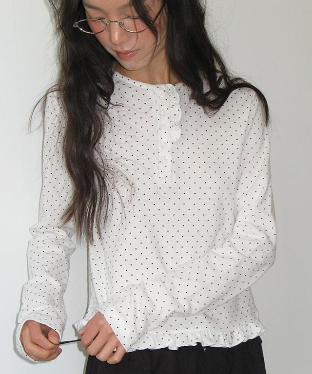 RONRON Dot Ruffle Long Sleeve T Shirt White