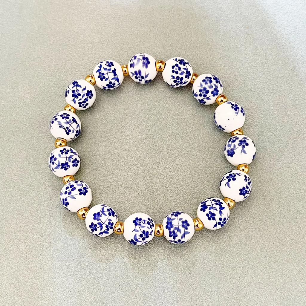 6/8/10mm Ceramic Beaded Bracelet with Gold Color Stainless Steel Beads Vintage Blue and White Porcelain Stretch Jewelry Women