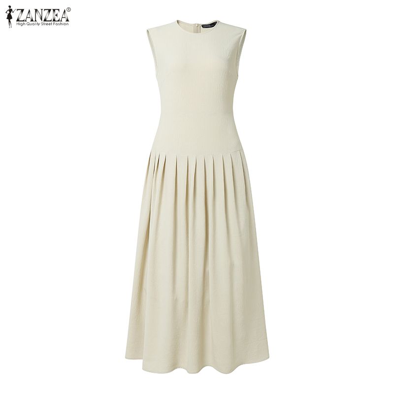 ZANZEA Women Casual Round Neck Solid Color Sleeveless Long Dress