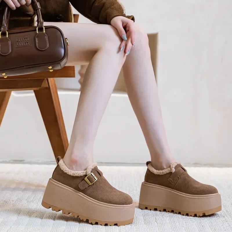 Fashion 2025 New 8cm Flat Platform Women Winter Loafers Fashion Suede Leather Basic Oxfords Outdoor Keep Warm Plush Ladies Shoes Woman