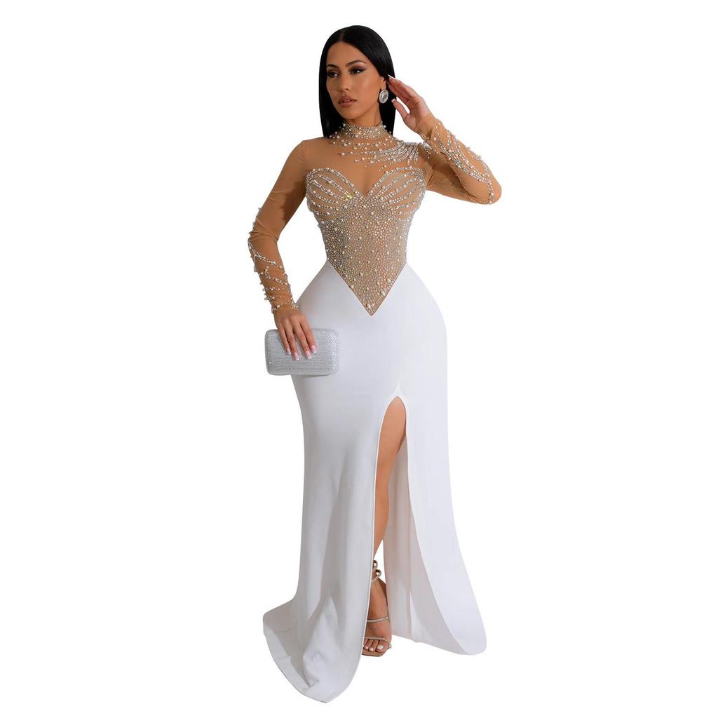 Women's Fashion Solid Color Mesh Slit Long Dress with Hot Drill Detailing.
