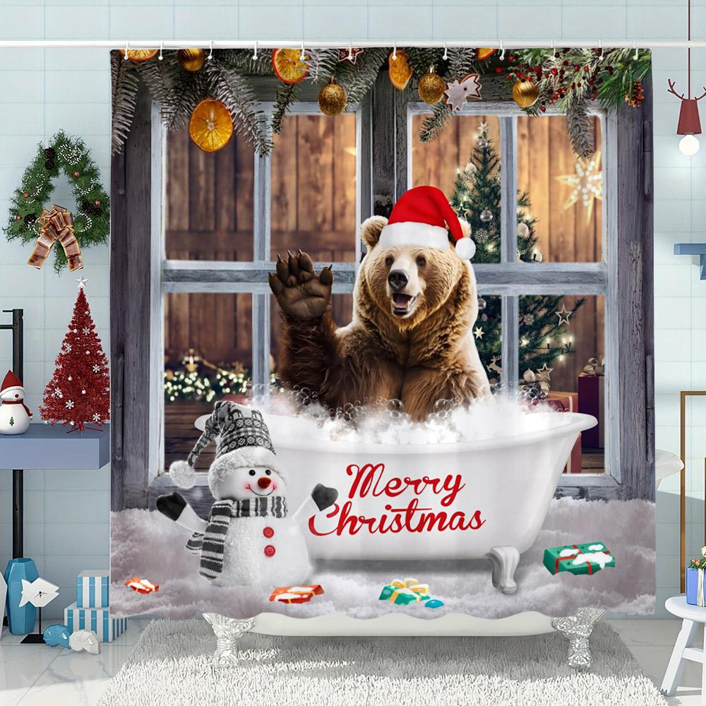 Funny Christmas Bathtub Cat Print Shower Curtain Moose Snowman Christmas Decor Polyester Fabric Shower Curtains Bathroom Decor