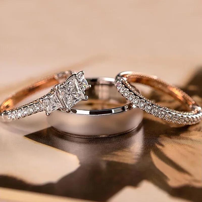 Charm Couple Rings Men Stainless Steel  Rhinestones Zircon Women Wedding Band  Set Valentine Day Jewelry