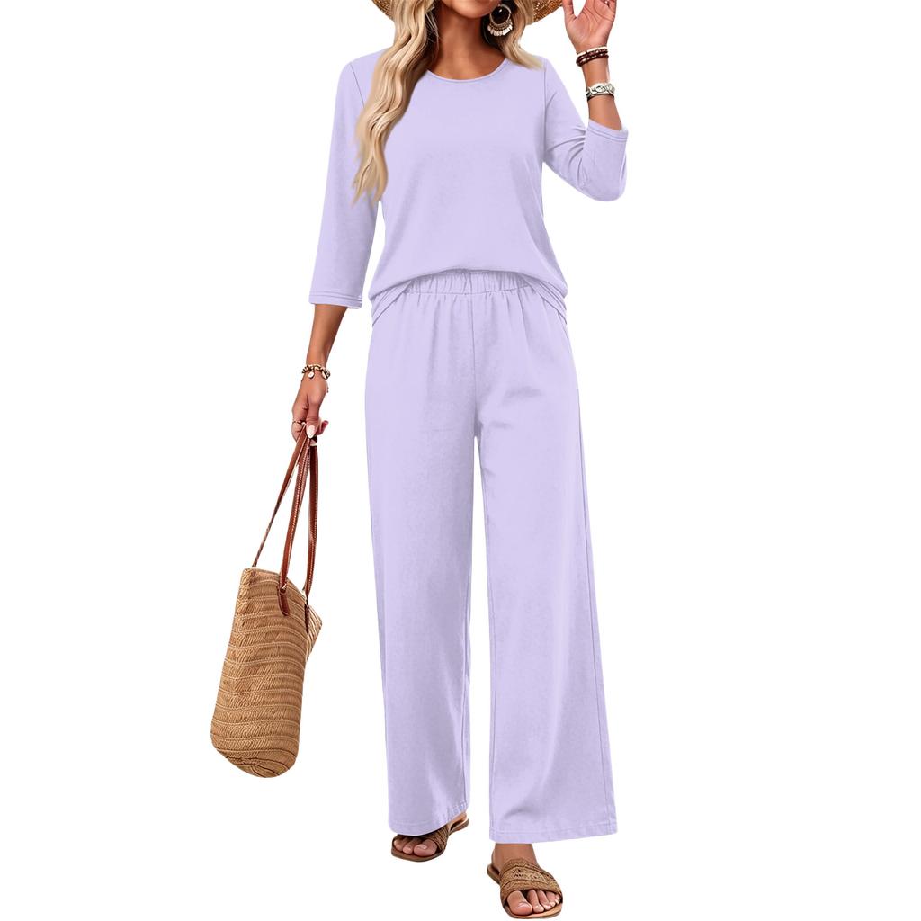 Women Casual Fashion Loose Fit Round Neck Three Quarter Sleeve Top Wide Leg Pants Set Lounge Wear Two Piece Outfit