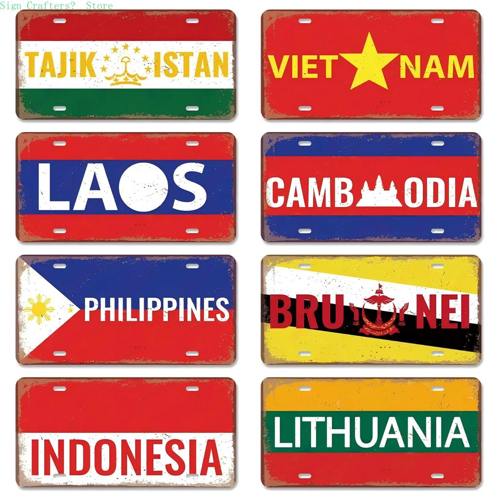 High Definition Metal Tin Sign Vintage License Plate Style Country National Flag Themed Retro Wall Art Decor for Home Bar Pub