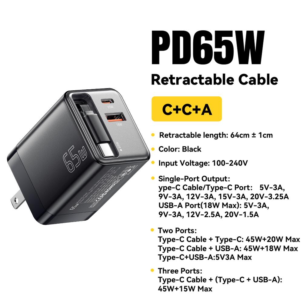 

Essager 65W GaN Charger with Retractable Cable PD Fast Charging for Laptop Macbook iPhone 16 15 14 Xiaomi Type-C Phone Charger US Black Charger чорний