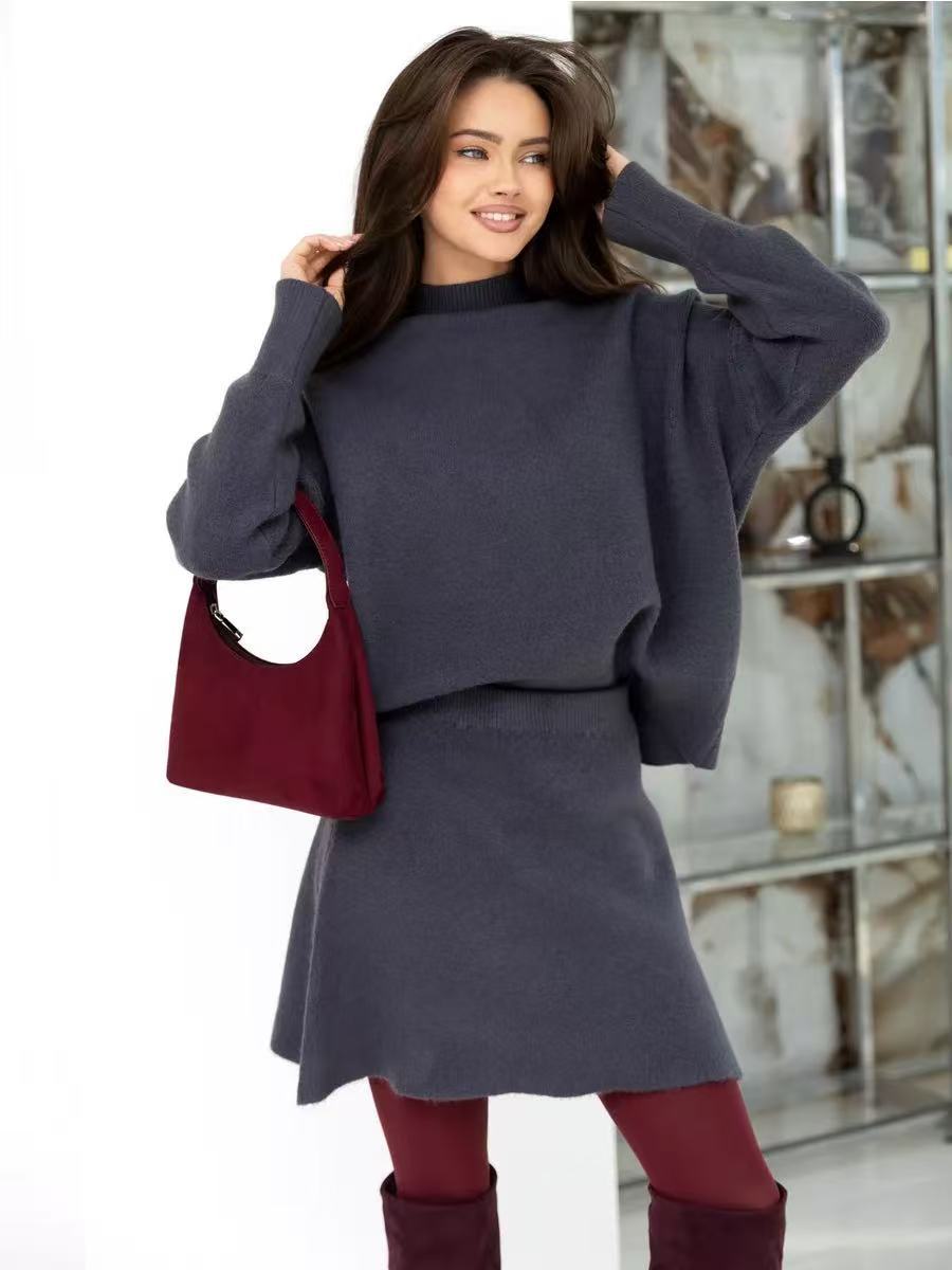 

Костюм-свитер с полувысоким воротником, свободный вязаный топ, юбка А-силуэта, вязаный костюм из двух частей M серый