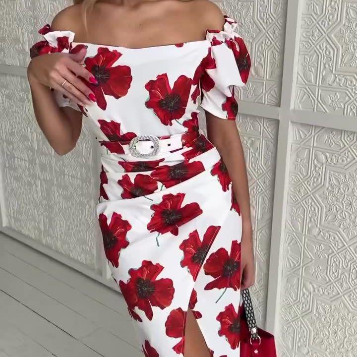 2023 Sommer Schulterfreies Druck Midikleid