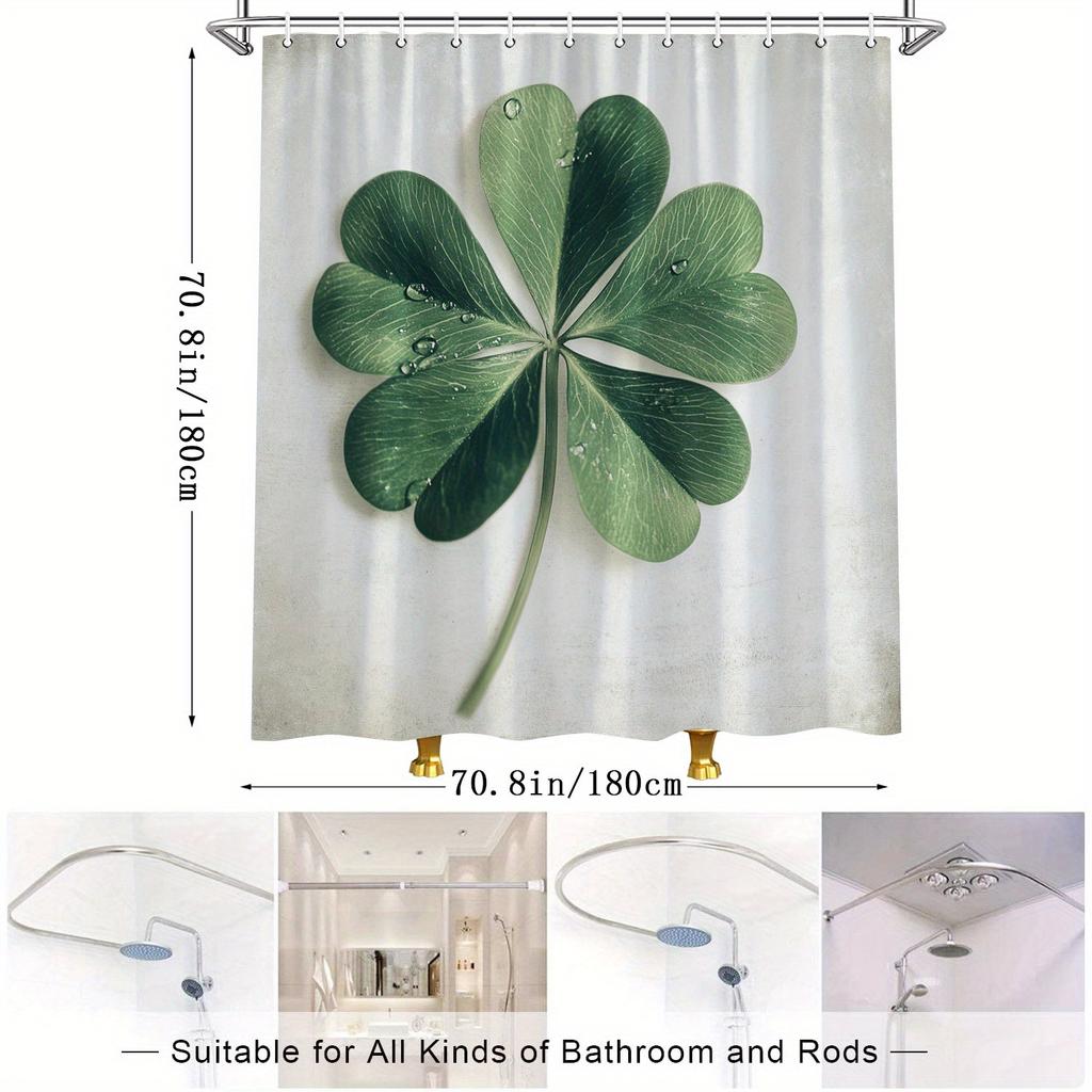 1Pc Four-Leaf Clover Shower Curtain With Water Droplets & Textured Light Gray Background - 70X70 Inch Polyester Bathroom Decor