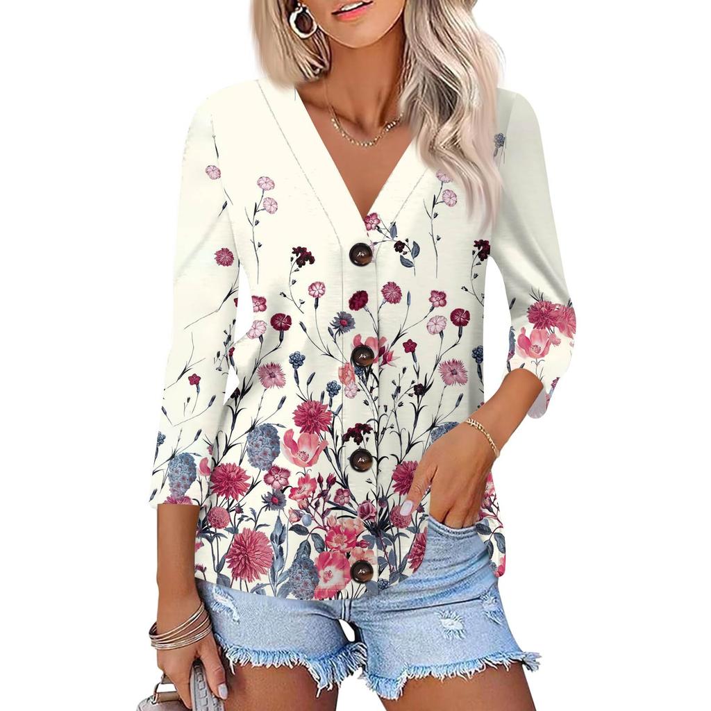 Women's Fashion Casual Printing Button-down Shirt 3/4 Long Sleeve Tops