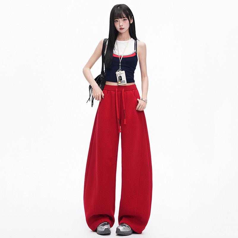 

Red Women s Wide-Leg Casual Sweatpants - Spring 2026 Versatile Loose Drape Silhouette Long Pants M