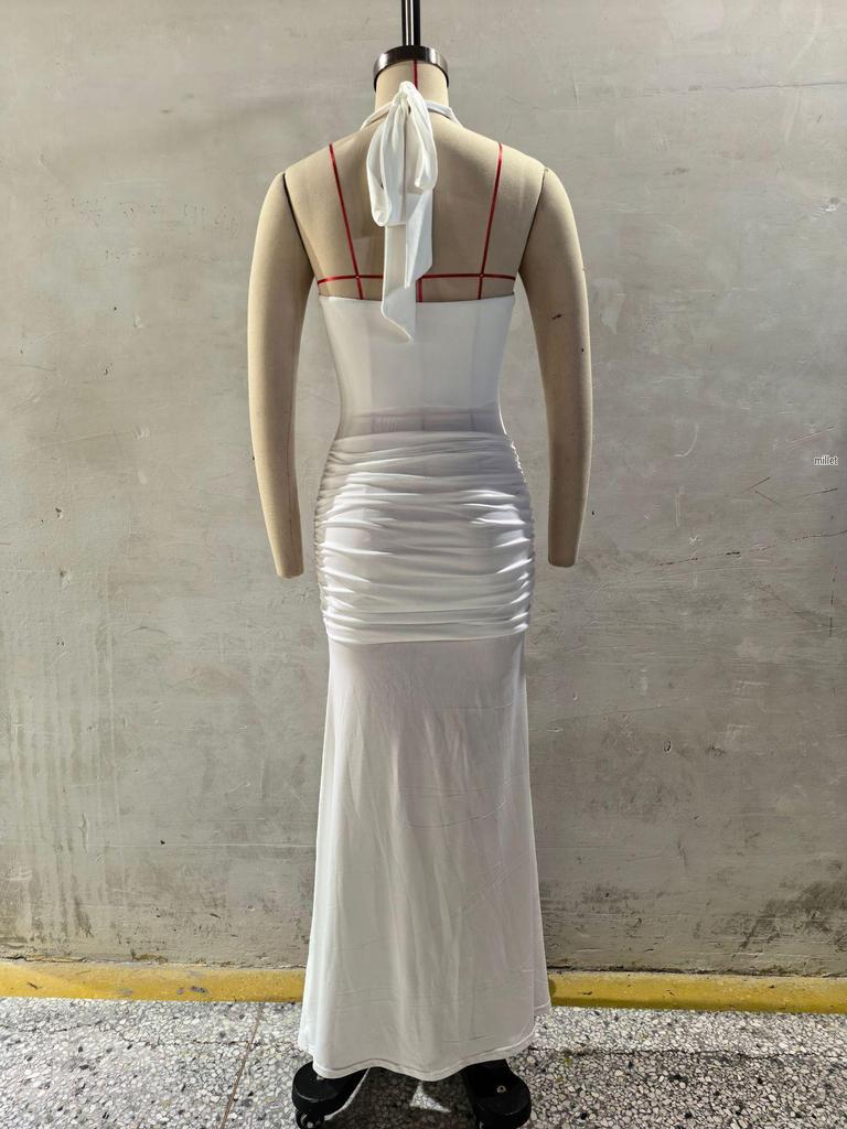 2025 Women's European & American Style Spliced Strappy Long Slim Fit Halterneck Formal Dress