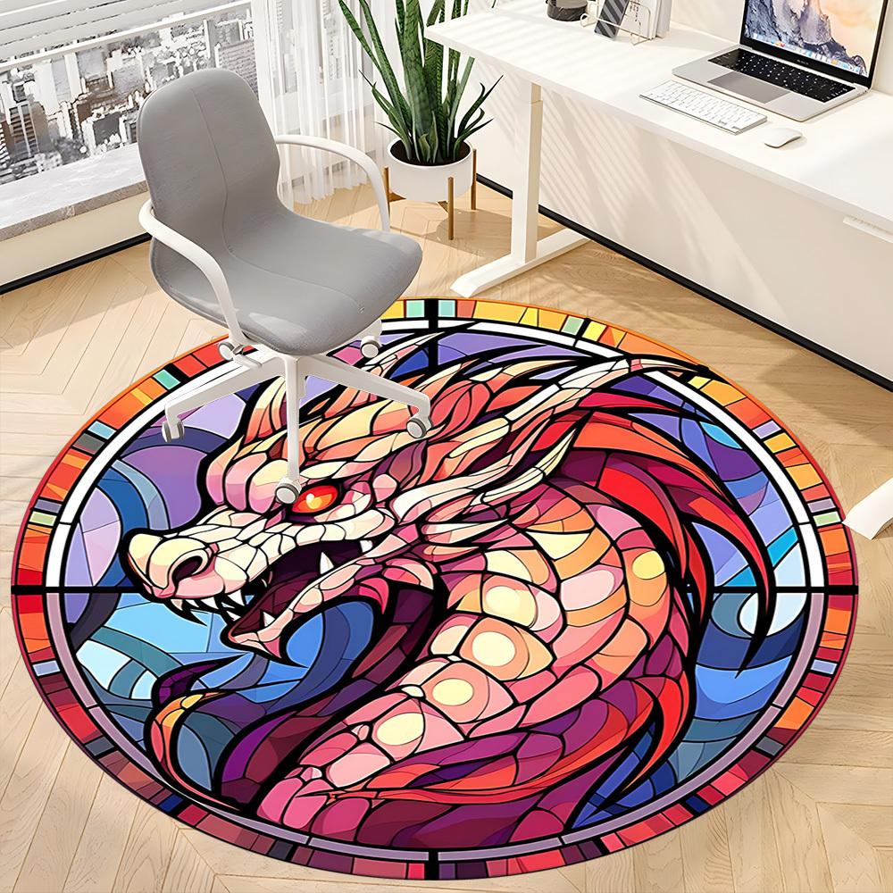 1pc StainedGlass DragonHead Office Round Area Rug, Indoor Mat Suitable For Office, Under Office Chairs Bedroom Living Room Home Decor, Room Deco 086