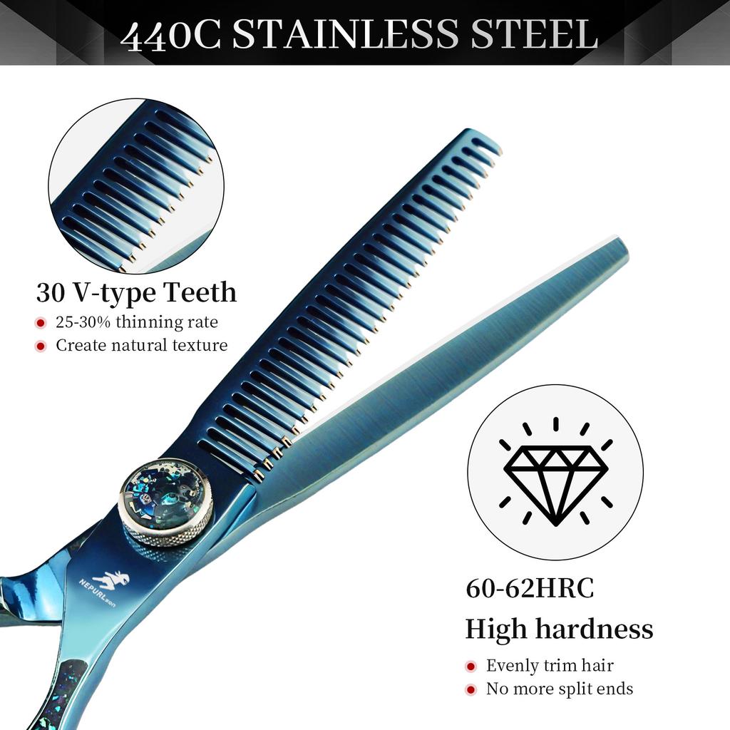 Tijeras de peluquería Neptune Beauty de 6 pulgadas con mango de epoxi azul, tijeras de dientes finos para cortar el cabello.