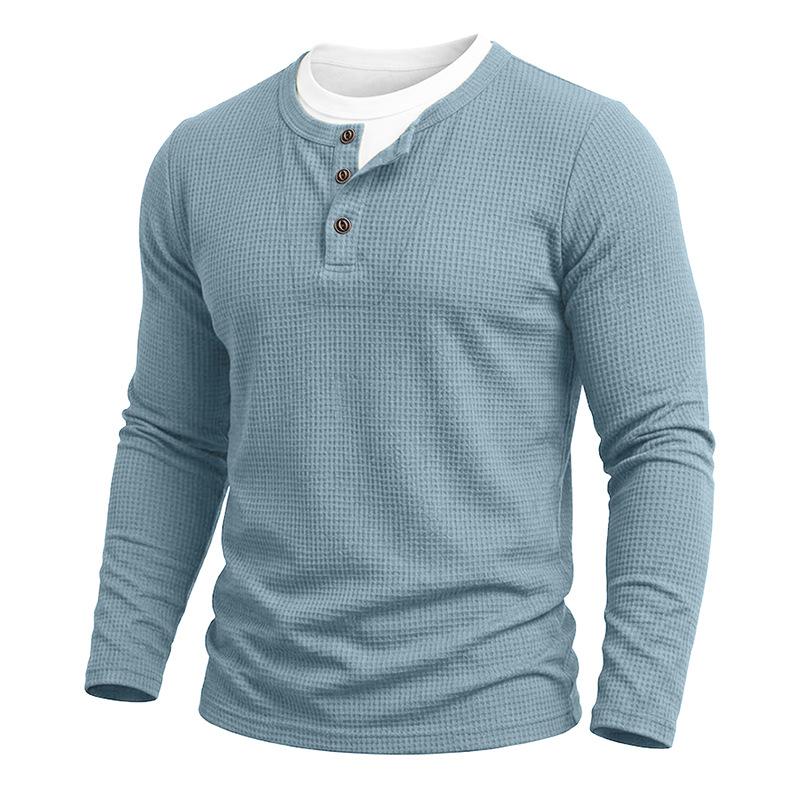 Herbst Winter Herren Fake Two-Piece Langarm Henley T-Shirt Waffel Casual Basisschicht T-Shirts Amerikanischer Stil Oberteile
