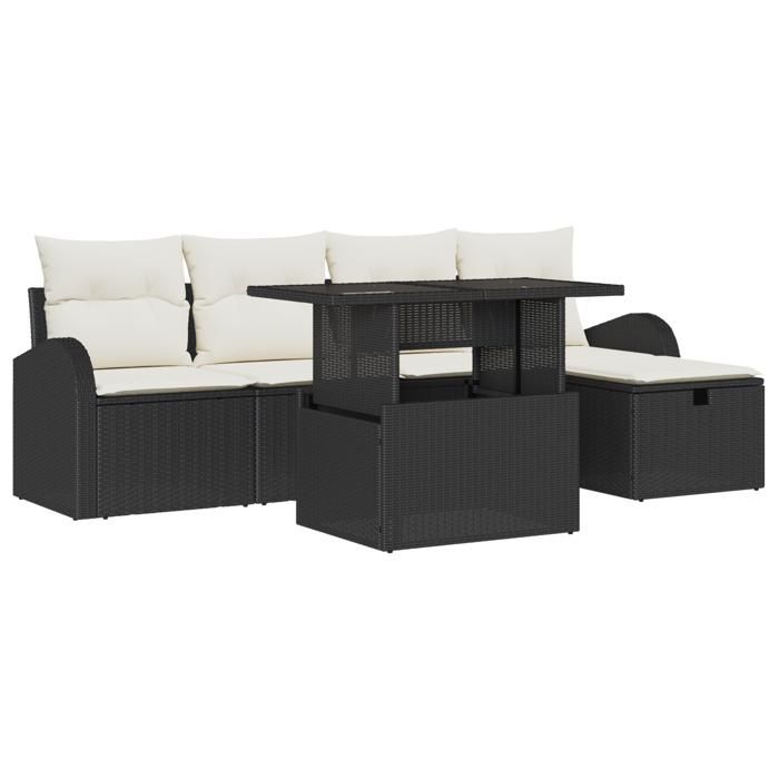 Ensemble de canapé de jardin 6 pièces avec coussins en rotin poly noir, Canapé de jardin 2 places avec rangement et coussins 3361076