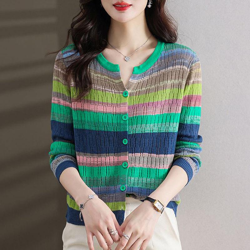 Fashion Women Clothing Colorful Striped Cardigan Sweater Spring Autumn New Korean Versatile Casual Long Sleeve Knitted Coats