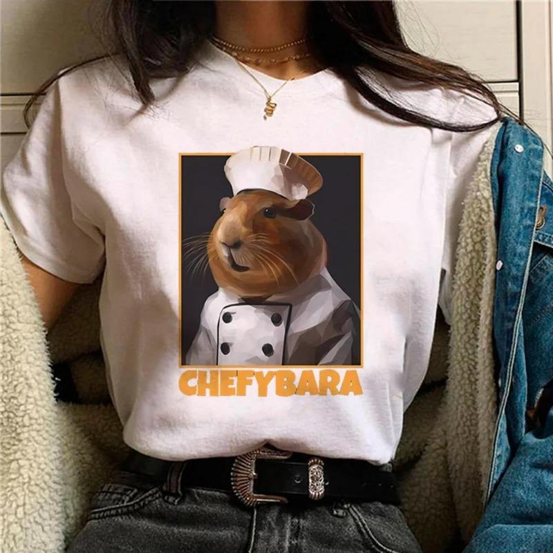 Summer Minimalist Capybara Pattern Printed Loose Round Neck Pure Cotton Short Sleeved Shirt T-Shirts Women’s