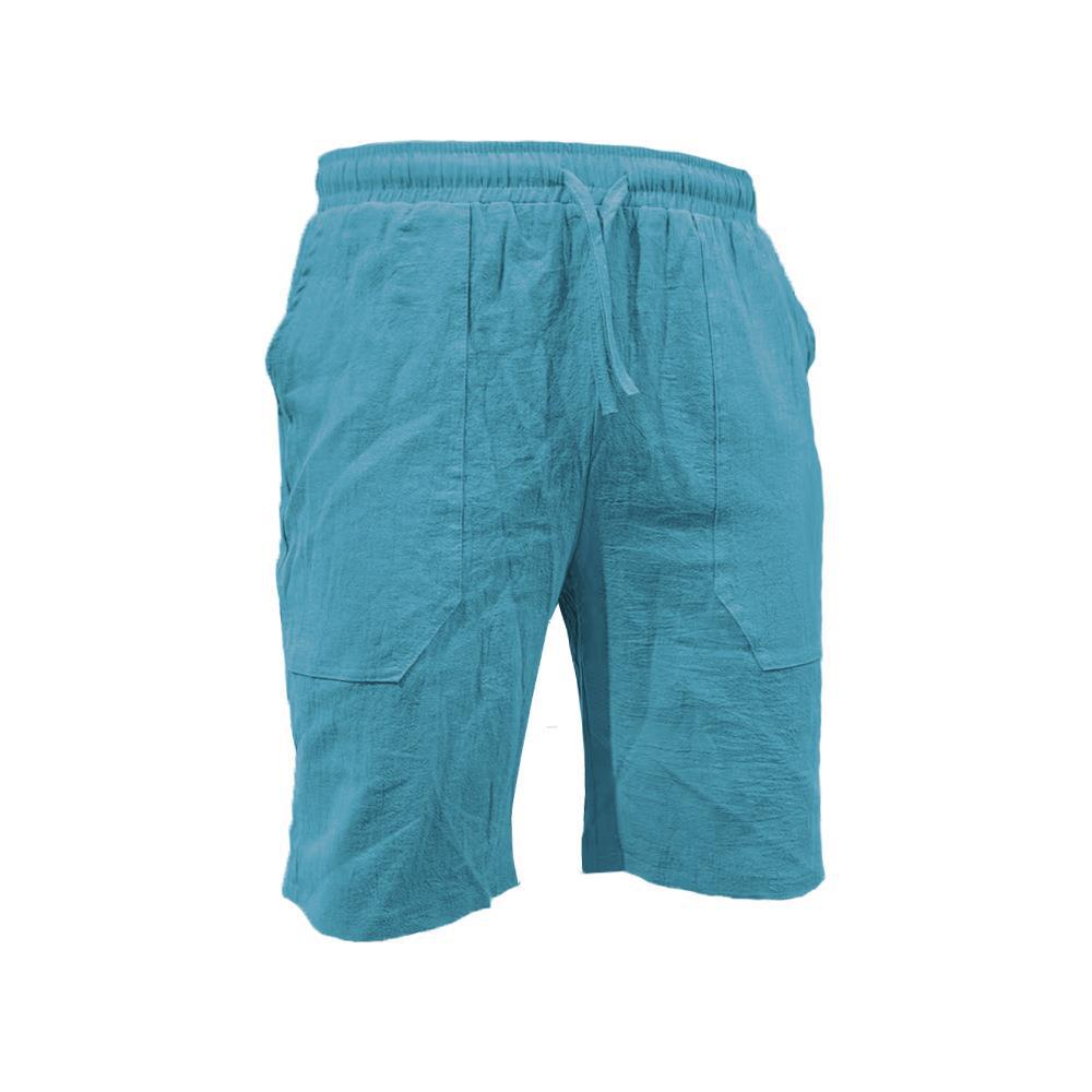 Men's Summer Cotton-Linen Shorts Drawstring Elastic Waistband Straight Leg Solid Color Breathable Casual Beach Shorts Mid-Length