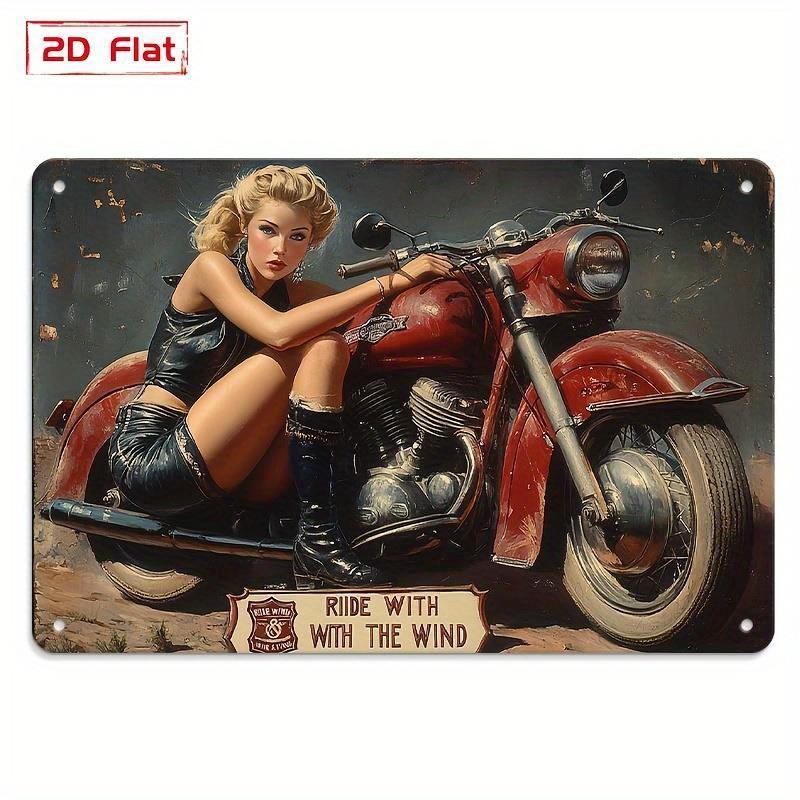 

Vintage Retro Art Deco Metal Tin Sign Classic Red Motorcycle Woman Illustration Ride with the Wind Text IndoorOutdoor W aluminum 20x30cm